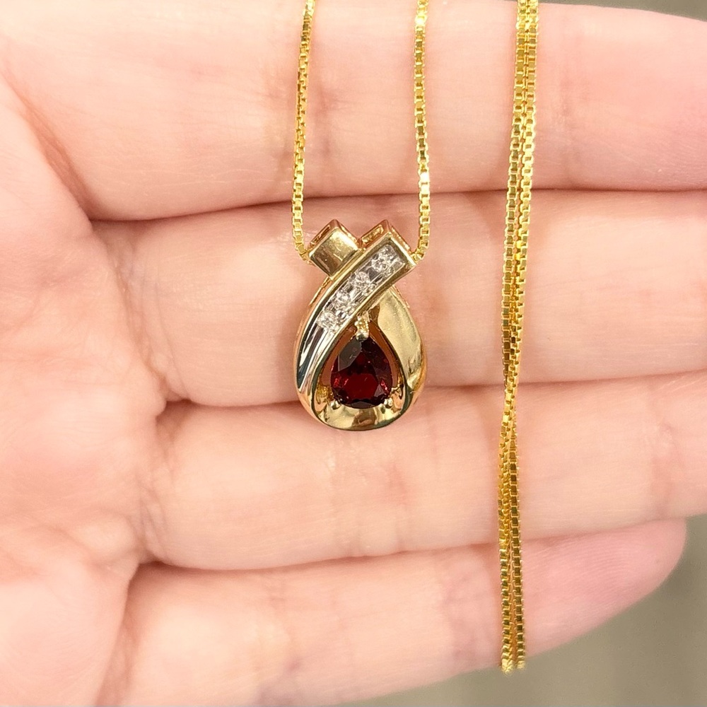 14K Garnet Diamond 0.75 Carat regal red teardrop white yellow gold pendant - Picture 3 of 12